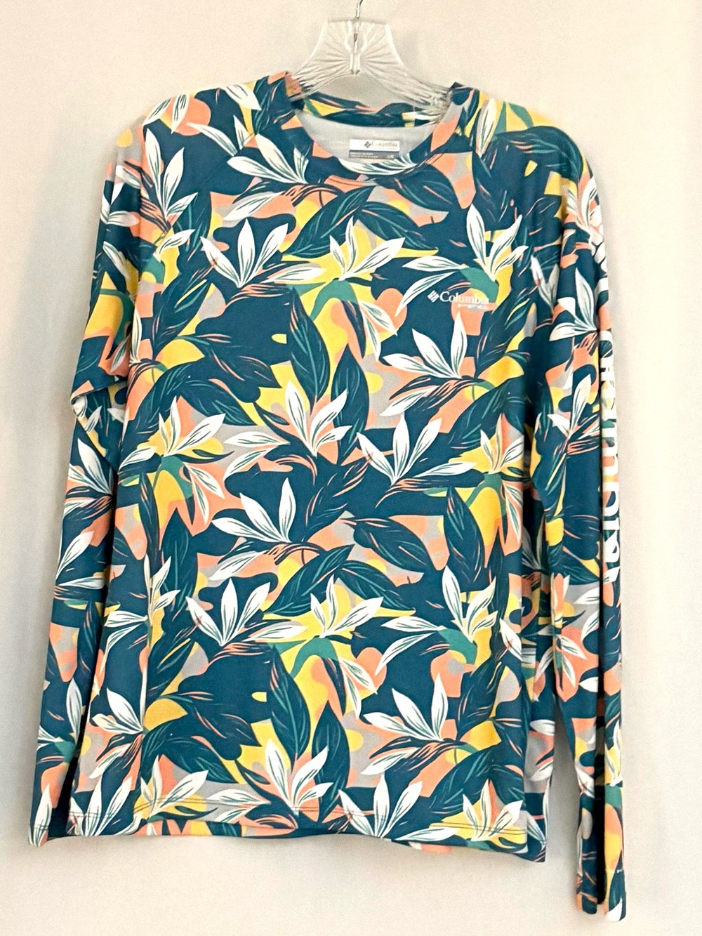 Columbia PFG Long Sleeve Tropical Leaf Print Shirt - Teal, Yellow, Peach, White